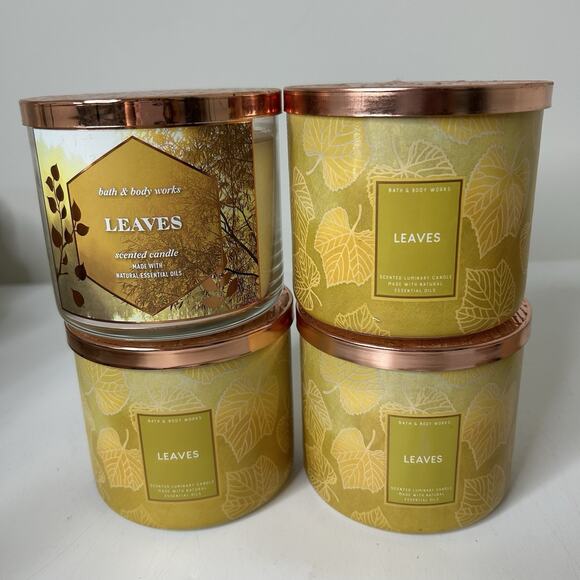 Bath & Body Works 3 Wick Candle Leaves Scent 14.5oz Lot Of 4 Fall Autumn - Picture 1 of 5
